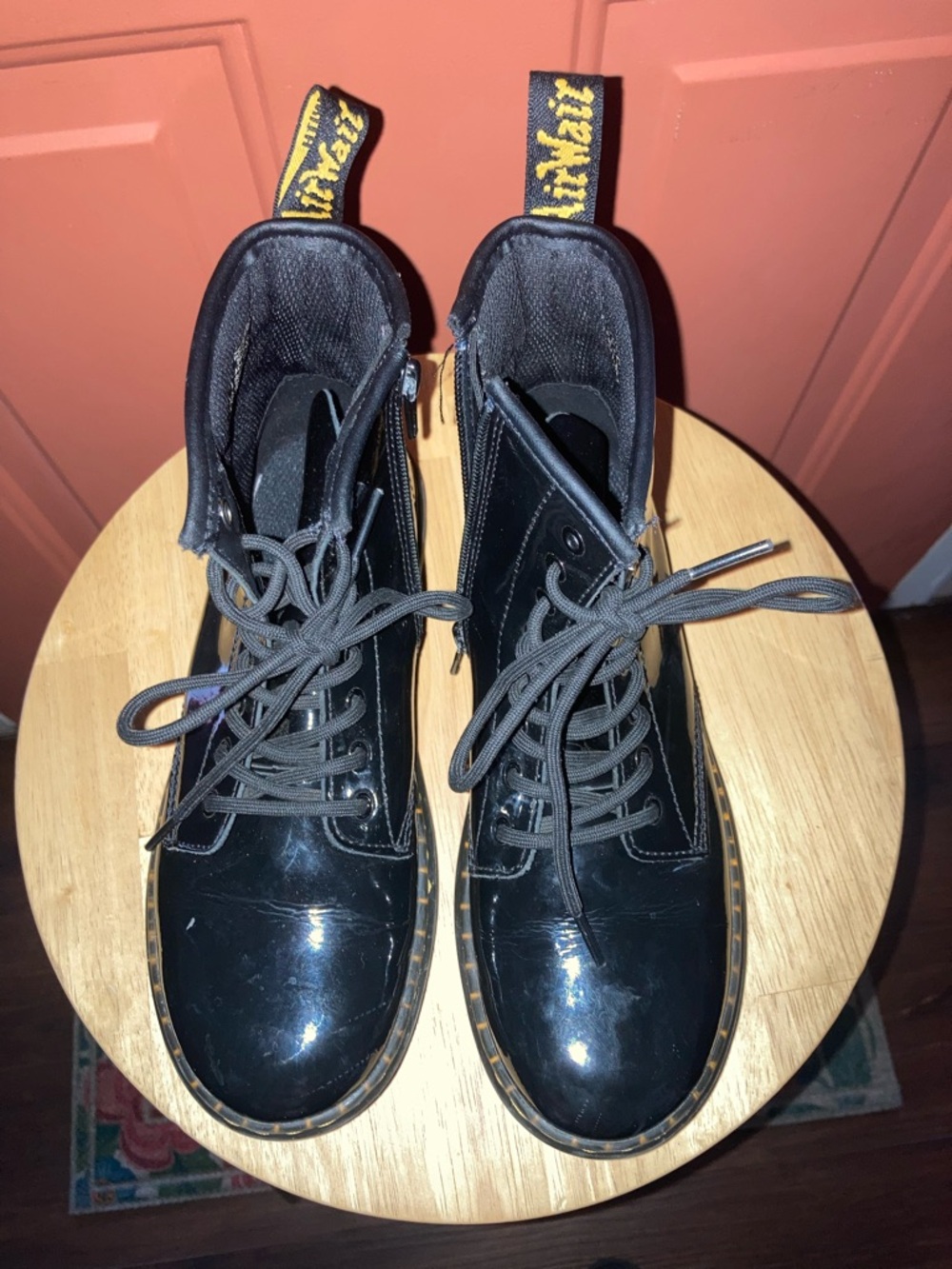 Dr. Martens Black Leather Lace-Up Boots with Yellow Heel Loop